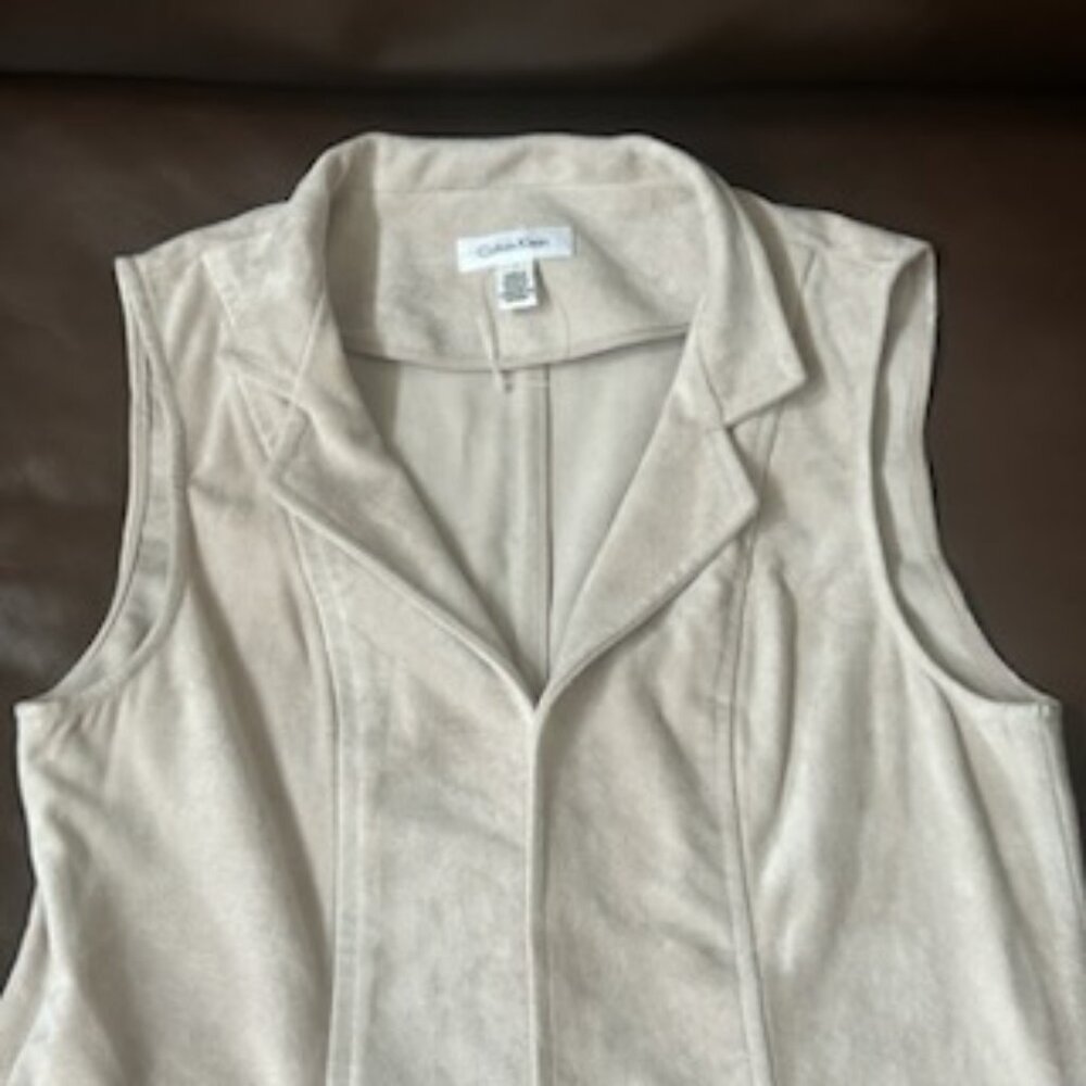 Calvin Klein Faux Suede Open Front Long Vest Duster Cardigan - Picture 7 of 12